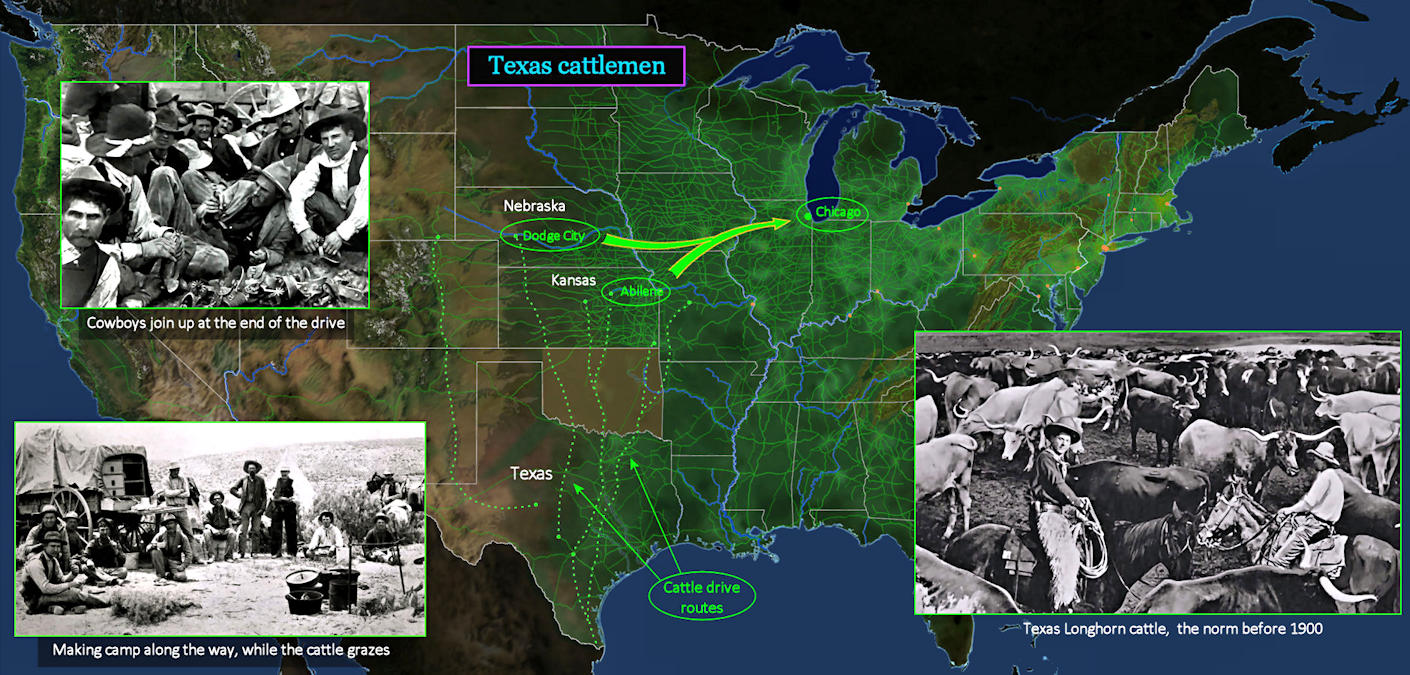 Texas cowboy cattle drives, 1910 map